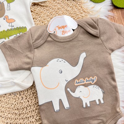 Kit 3 Peças - Bodys Manga Curta Elefantes Hello Baby - Laranja, Branco e Marrom